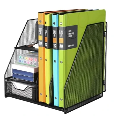 Immagine di Cinnani Organizer scrivania a 3 livelli in metallo con portapenne metallo, porta documenti ufficio scrivania, portariviste da vassoio inferiore monogrammato per cartelle e riviste