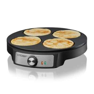 Immagine di Cloer 6625 Pancake Maker, Mini pancakes, per 4 piccoli pancakes da 11 cm Ø ciascuno, 1200 W, rivestimento antiaderente, tornitore incluso, nero