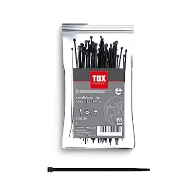 Immagine di TOX Fascetta per cavi, nera, resistente ai raggi UV, uso universale all&#039;interno e all&#039;esterno, un fissaggio sicuro in casa, ufficio giardino, dimensioni 2,5 x 100 mm, pezzi, 099600020