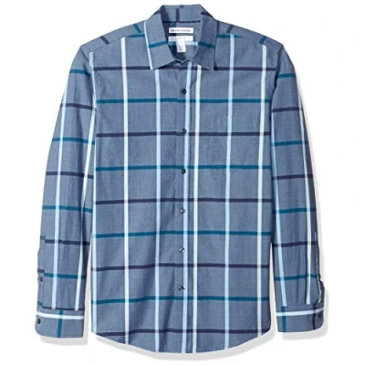 Immagine di Amazon Essentials Camicia in Popeline a Maniche Lunghe Slim Uomo, Denim Motivo Quadri Grandi, XS