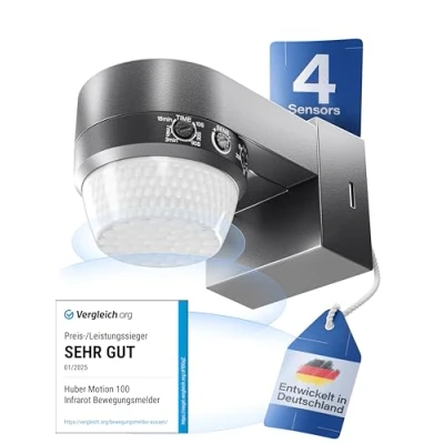 Immagine di HUBER Motion 100 Rilevatore di movimento a infrarossi 360 con 4 sensori e lente Fresnel, sensore IP65, adatto LED, protezione anti strisciamento limitazione dell&#039;area,