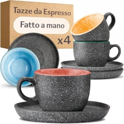 Immagine di Cosumy Set di 4 Tazzine da Espresso con Piattini 90ml in Ceramica Gres Spesso Smalto Reattivo Artigianale Mantiene il Calore a Lungo (Colorate)