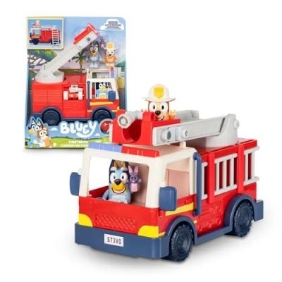 Immagine di Bluey Camion dei vigili del fuoco, veicolo della cagnolina Blu, Include figura snodata di Bingo, bambole articolate con accessori per tubi flessibili, scale, camion, famoso (BLY68000)