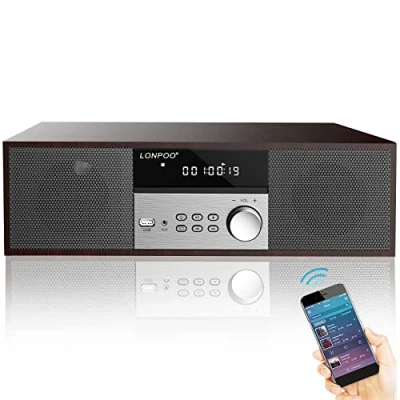 Immagine di Impianto Stereo Casa Micro HiFi Compatto con lettore CD, Bluetooth, radio FM, USB, AUX in, display LED e pulsante grande, telecomando