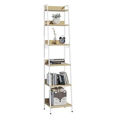 Immagine di WOLTU Libreria a 6 Ripiani, Scaffale con 4 Ganci Industriale, Scala in MDF e Metallo per Soggiorno, Cucina, Studio, Ufficio,Bianco, 41x36x187cm RGB30whe