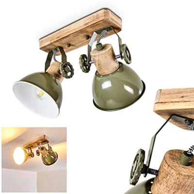 Immagine di hofstein lampada a soffitto Orny, in metallo/legno verde/bianco/marrone, 2 luci, con faretti regolabili, x attacco E27, spot dal design retro/vintage, senza lampadina/e