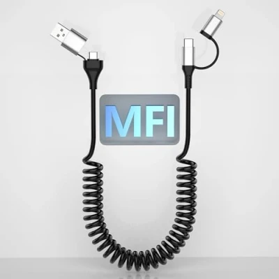 Immagine di Cavo da USB a C e Lightning 4 in 1 spirale per Apple CarPlay Android Auto iPhone con sincronizzazione dati ricarica rapida iPhone/Android/iPad/Laptop 3Ft, Nero