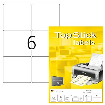 Immagine di TopStick etichette multiuso autoadesive, 6 per foglio A4, 100 fogli, 99,1 x 93,1 mm, 600 etichette, adesive universali vuote, stampanti laser e inkjet, bianco