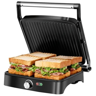 Immagine di Aigostar Calore Griglia Elettrica/Sandwich Maker/Panini Maker 3 in 1, Piastre Antiaderenti, 1800 W, Bistecchiera Elettrica con Regolatore di Temperatura, Apertura a 180, Vassoio Raccogligocce