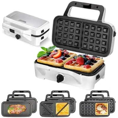 Immagine di MPM MOP 33M 3 in 1 Sandwich Panini maker, Piastre Intercambiabili, Tostapane Piastra, Waffle Bistecchiera Elettrica, Grill per Carne e Pesce, Regolatore di Temperatura, 1200W