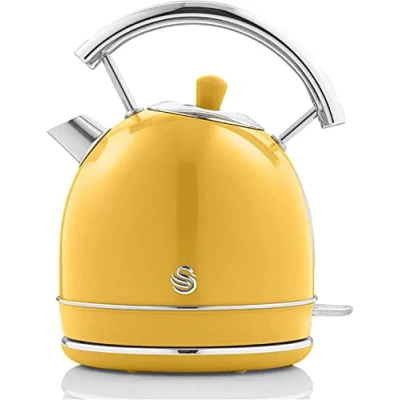Immagine di Swan Retro Bollitore Elettrico 1,8 Litri, Design Vintage, Spegnimento Automatico Controllore Strix, senza Fili, Acciaio Inossidabile, BPA, 3000 W, Giallo