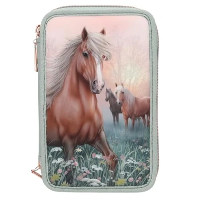 Immagine di Depesche 13403 Miss Melody Romantic Fields 3 Scomparti di Colore Verde, con Motivo Cavalli, Fiori e Brillantini, Astuccio matite Colorate, Righello, Forbici Molto Altro, Multicolore, 1 Piece