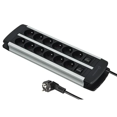 Immagine di Electraline 35447 Blocco multipresa Alu Line, 12 prese con corpo in alluminio, cavi H05VV F 3G1.5mm, lunghezza 2M, 2 interruttori (1 x 6 prese), protezione da sovraccarico