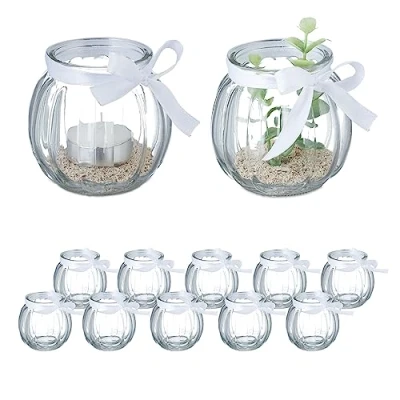 Immagine di Relaxdays Vasetti Portacandele, Set 12, Vasi in Vetro per Candele e Lumini, Bicchierini con Fiocco Bianco, Trasparente, 80% 20% Poliestere, 7,5 x cm
