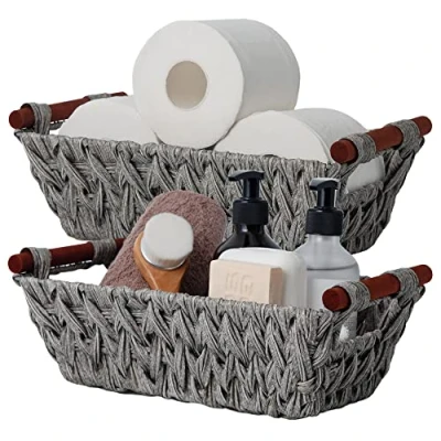 Immagine di GRANNY SAYS Cestini Bagno Portaoggetti, Confezione da 2 Vimini, Cestino Vimini Piccolo, Portaoggetti con Manici in Legno, Cesti Ceste Scaffale, Grigio