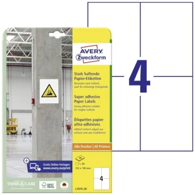 Immagine di Avery Zweckform L7876 20 Etichetta super resistente 105 x 148 mm Carta Bianco 80 pz. a tenuta permanente, forte Stampante getto dinchiostro,