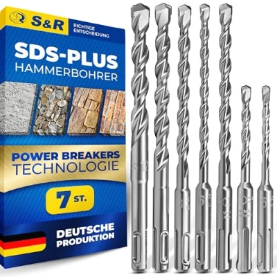 Immagine di S&amp;R Punte Trapano SDS Plus per CEMENTO muro Professionali. Set 7 MADE IN GERMANY. con Certificazione tedesca PGM. Misura trano 5, 6, 8 x110; 8,10, 12 x160 mm