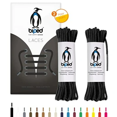 Immagine di biped LACES 2 paia di lacci rotondi in cotone ¿ mm sottili premium per scarpe e stivali pelle resistenti agli strappi lavabili made EU z2900(nero,200 cm)