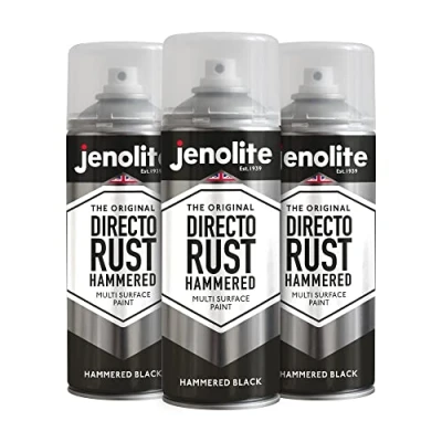 Immagine di JENOLITE Directorust, vernice spray per metallo martellato, colore nero, 3 x 400 ml, multi superficie metallo, finitura martellata, primer all in one, fondo e finitura, applicare