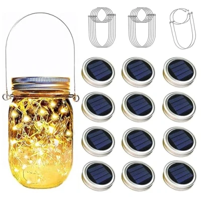Immagine di YzoTek 12 x Solare Mason Jar Luci Coperchi 30 LED Fata Lucciola Stringa Appese Lanterne Cap, Impermeabile Patio Portico Giardino Cortile Balcone Prato Luminous Decor(Nessun Barattolo Incluso)