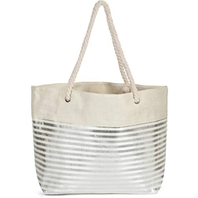 Immagine di styleBREAKER borsa da spiaggia XXL con stampa a righe metalliche e cerniera, tracolla, shopper 02012281, colore:Beige Argento