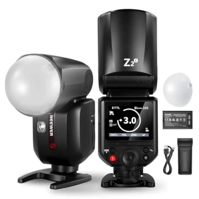 Immagine di NEEWER Z2 C Flash Speedlite TTL Rotondo 2,4G Compatibile con Canon, 76Ws HSS 1/8000s Diffusore, 2 Lampade Pilota, Nuova UI, Tasto di Commutazione TTL/M, Batteria 3000mAh, 600 a Piena Potenza
