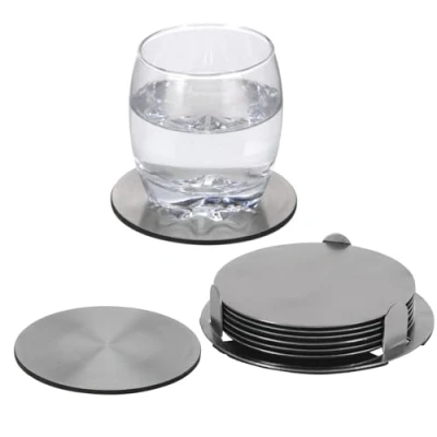 Immagine di Set di 7 sottobicchieri in acciaio inox, diametro 10 cm, con supporto per bevande