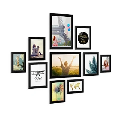 Immagine di PHOTOLINI Set di 10 cornici legno MDF naturale, larghe, moderne, plexiglass infrangibile, da tavolo o parete, accessori extra per una parete dal look raffinato