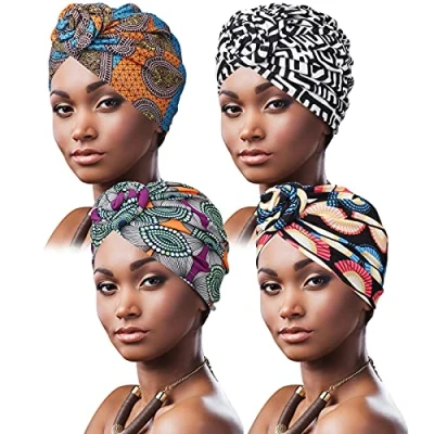 Immagine di DRESHOW 4 Pezzi Donna Africana Turbante Sciarpa Avvolge Testa Boho Elastico annodato Berretto Pre Chemio Cappello