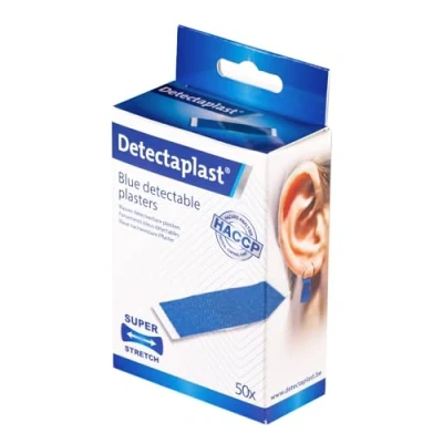 Immagine di cerotti detectabili color blu Detectaplast Elastic, flessibili, alimentari, cucina, catering e ristorazione, 9 x 38 mm (piercing), 50 pezzi