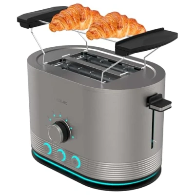 Immagine di Cecotec Tostapane Verticale in Acciaio con Doppia Fessura Corta Shine&amp;Toast Double. 850W, Capacità per 2 Toast, Fessure Larghe 3,8cm, Anello Luminoso, 7 Livelli di Tostatura, Aste Superiori