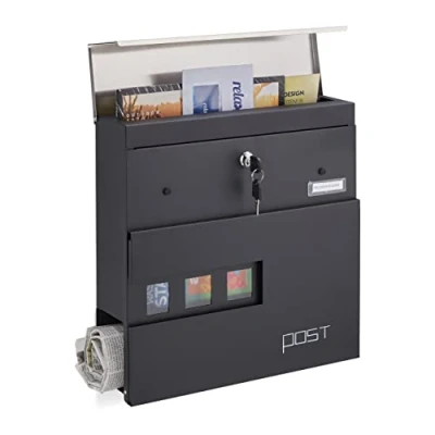 Immagine di Relaxdays Cassetta della Posta con Scomparto Portagiornali, Buca Porta Lettere in Acciaio, HxLxP: 37x37x11 cm, Nero, 1 pz