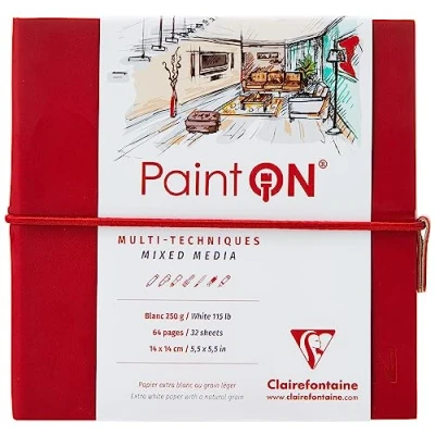 Immagine di Clairefontaine 975430C Taccuino Cucito di carta da disegno Paint&#039;On 64 pagine Bianche 14x14 cm 250g, chiusura con elastico, Copertina Morbida Rossa