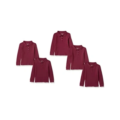 Immagine di Amazon Essentials Polo in Tessuto Interlock a Maniche Lunghe Bambine e Ragazze, Pacco da 5, Bordeaux, 11 12 Anni