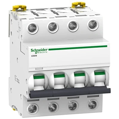 Immagine di Schneider Electric A9F74432 IC60N Interruttore, Acti9, Curvatura C, 4P, 85 mm Altezza x 72 Larghezza 78,5 Profondità, 32 A Corrente, 50/60 Hz, Bianco