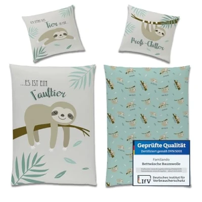 Immagine di Familando Set di biancheria da letto Faultier 135 x 200 cm + cuscino 80 · Chiller professionale per bambini 100% cotone linone con chiusura lampo