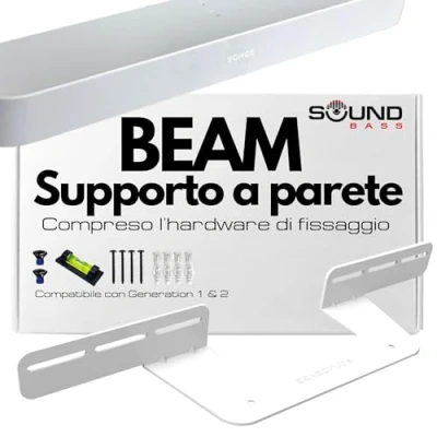 Immagine di Supporto per soundbar Soundbass Sonos Beam compatibile con la di prima e seconda generazione, include tutto l&#039;hardware montaggio necessario, staffa montaggio, bianco