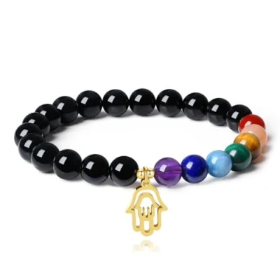 Immagine di COAI Bracciale Mano di Fatima con Perle in Tormalina Nera e Pietre Chakra Taglia S
