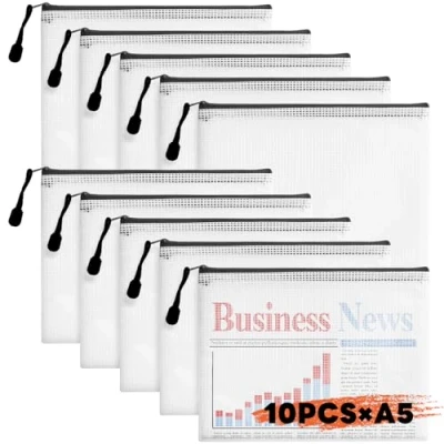 Immagine di AiQInu 10 pezzi Borse di File A5, Sacchetto del Documento, Buste con Zip Cerniera, Trasparente Zip, Impermeabile