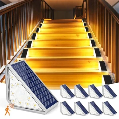 Immagine di Czemo 8 lampade solari per esterni, lampada solare scale con sensore di movimento, 1200 mAh, 3000 K, luce bianca calda, IP67, impermeabile, gradini da giardino, gradini, sentieri, patio prato