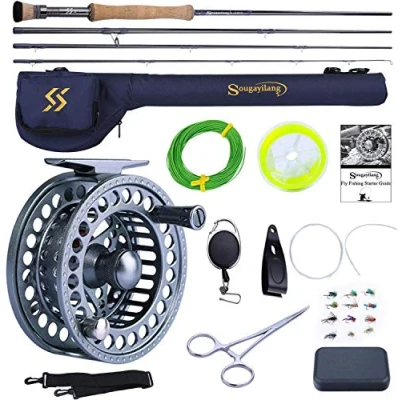 Immagine di Sougayilang canna da pesca a mosca e mulinello Combo, 4 pezzi ultra peso portatile in alluminio lavorato CNC pacchetto completo di avviamento con borsa per canne