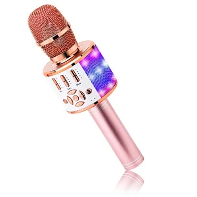 Immagine di Microfono Karaoke BONAOK Bluetooth, Microfoni Wireless 4 in 1, LED per Adulti Dispositivo KTV da Casa, Compatibile con Dispositivi Bluetooth iOS Android (Oro Rosa)