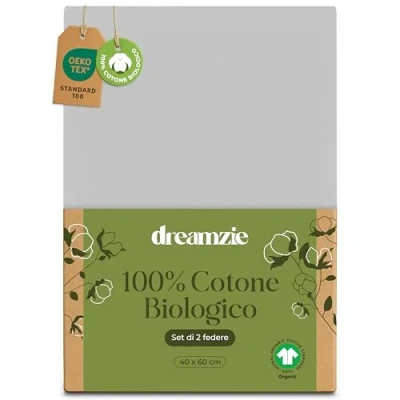 Immagine di Dreamzie 100% Cotone Biologico Federe Cuscino Letto 40x60 cm Set da 2 Grigio con Zip Oeko Tex