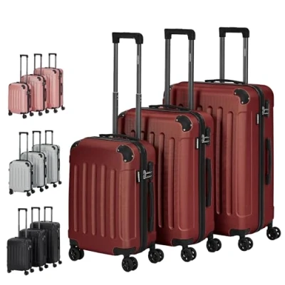 Immagine di Arebos set di 3 valigie rigide in ABS, valigetta da viaggio con manico telescopico, chiusura lampo, ruote a 360, M L XL, Colore: rosso