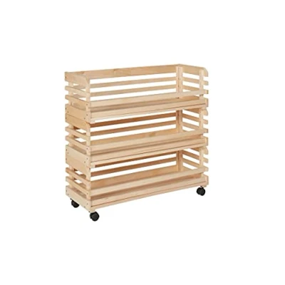 Immagine di Inter Link 3 cassette impilabili in legno naturale massiccio cassetta di stoccaggio su ruote, per frutta, verdura Salvaspazio, pratica e versatile 70 x 30 80 cm