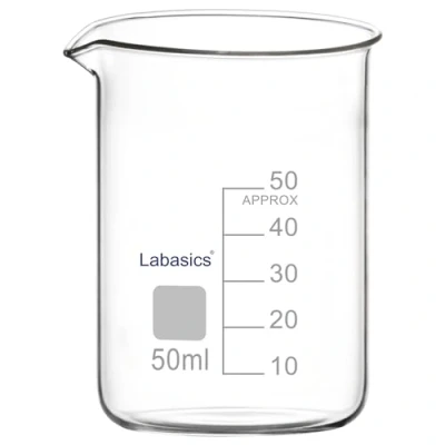 Immagine di Labasics Bicchiere di Vetro, 1 Confezione, Vetro Borosilicato a Forma Bassa Graduato Griffin con Beccuccio Versatore, 50 ml, Resistenza ad Alta Temperatura, Uso in Laboratorio