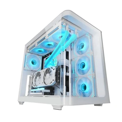 Immagine di MARSGAMING MC FUSION, Case Gaming ATX, Finestra Laterale e Frontale Curvo in Vetro Temperato Continuo, Semitower PC Doppia Camera, Supporto Raffreddamento a Liquido, Spazio Interno Ottimizzato, Bianco