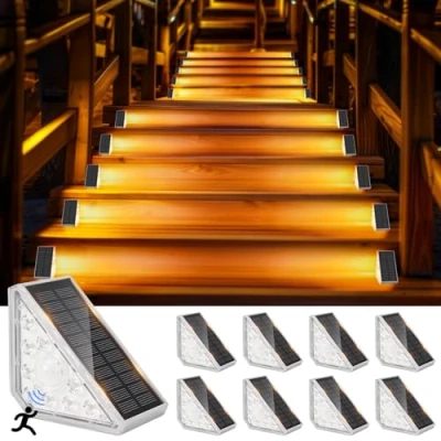 Immagine di GuKKK Lampade Solari per Esterni, 8 Pezzi 3000K Scale con Sensore di Movimento, IP67 Impermeabile LED Solare Lampada da Scala, Cortile, Patio, Prato, Gradini(Bianco Caldo)