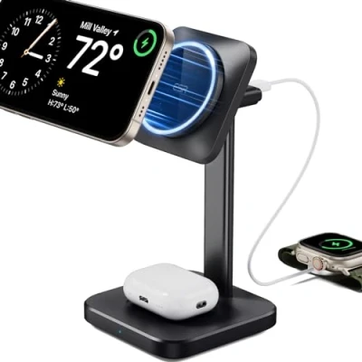 Immagine di ESR Stazione di Ricarica 2 in 1 per Apple, Supporto Magsafe iPhone [certificato], più dispositivi 16/15/14/13/12, Apple Watch e Airpods 4, Nero