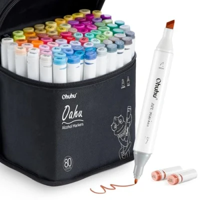 Immagine di Ohuhu Pennarelli ad Alcool, 80 Colori a Doppia Punta per Illustrazioni da colorare Adulti, Ink Base di Alcool con 1 Frullatore Custodia Scalpello e Fine, Serie Oahu